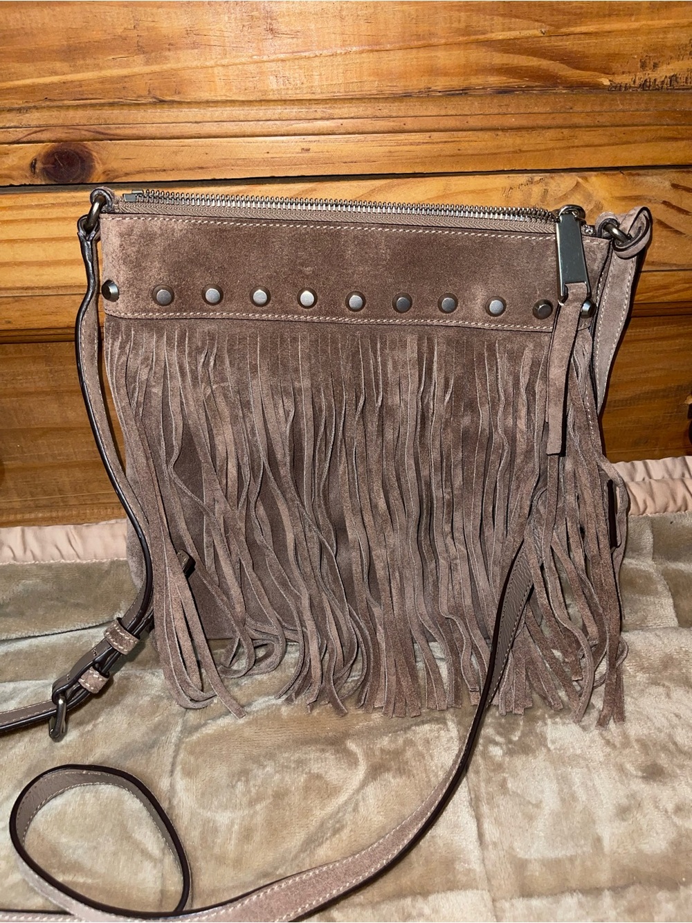 Michael Kors Taupe Suede Fringe Crossbody